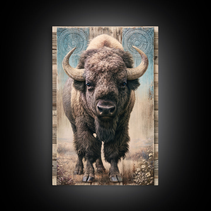 Buffalo Portrait with Western Texture Framed Canvas Print, Rustic Art, Digital Prints, Farmhouse Decor, Oil Painting, Rustic, RUS-2x3-78