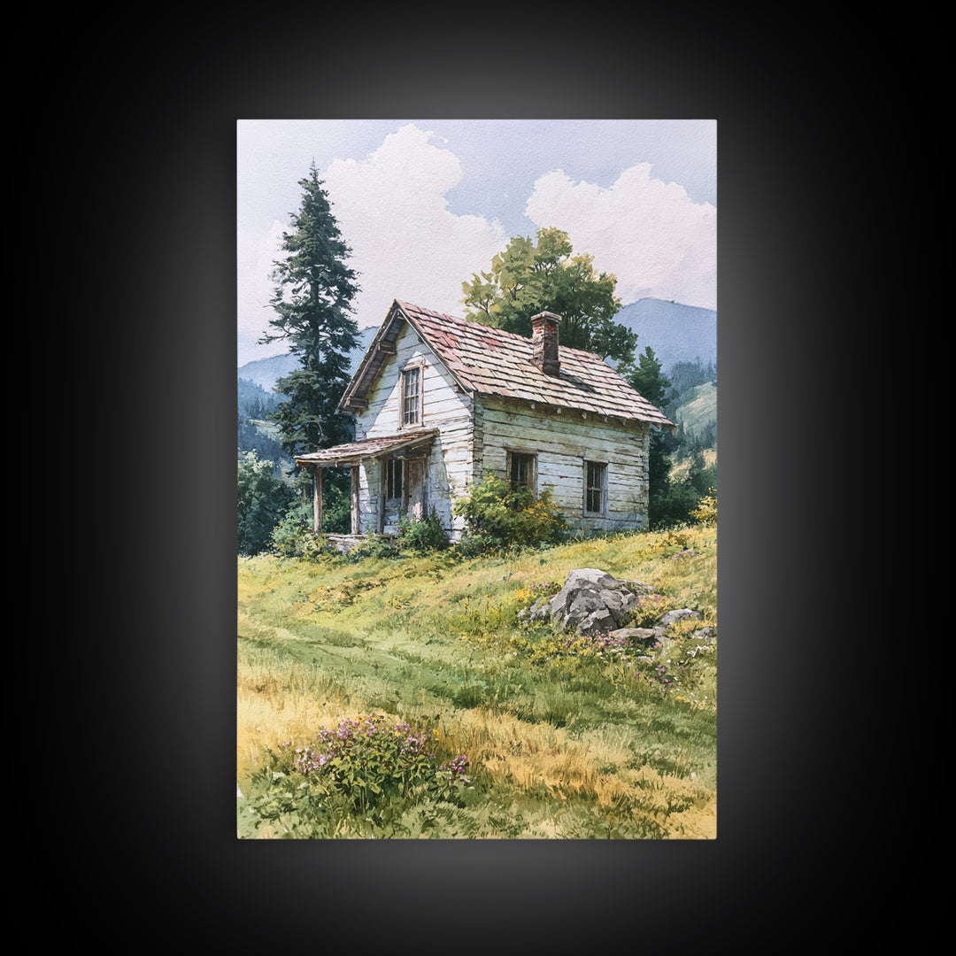 Mountain Cabin Landscape Framed Canvas Print, Rustic Art, Abstract Wall Art, Farmhouse Decor, Fine Art, Rustic, Landscape Art, RUS-2x3-83