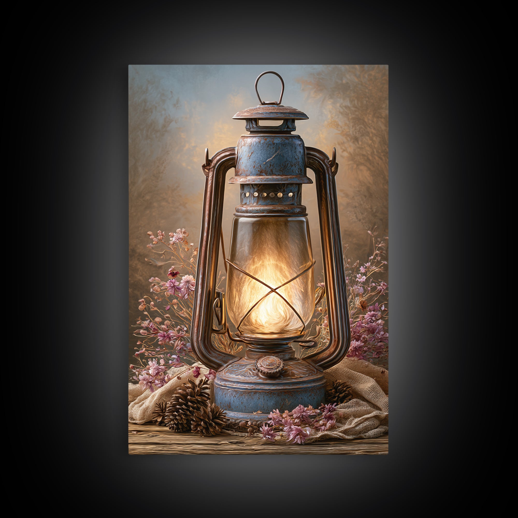 Rustic Lantern Glowing Beside Pinecones Framed Canvas Print, Rustic Art, Farmhouse Wall Art, Farmhouse Decor, Fine Art, Rustic, RUS-2x3-84