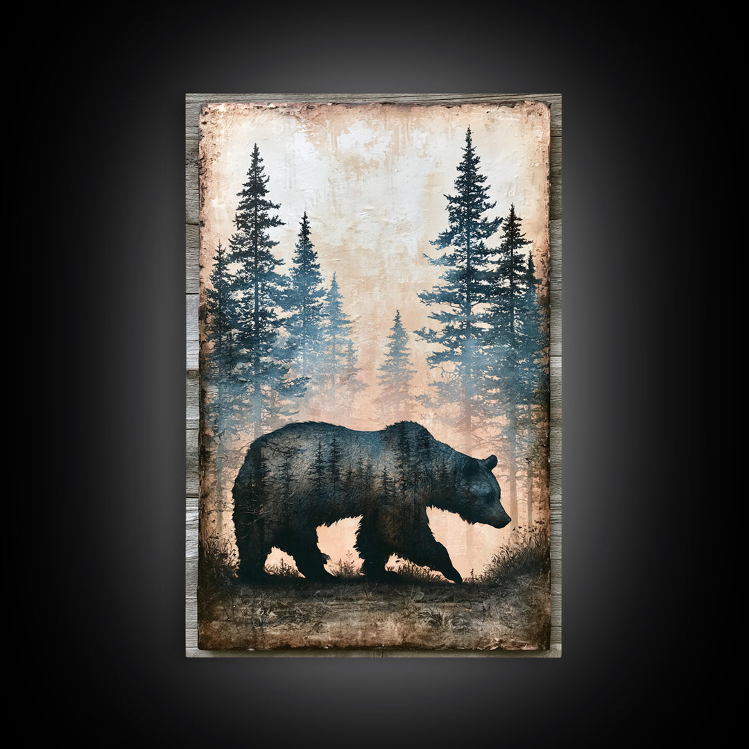 Bear Silhouette Among Pine Trees Framed Canvas Print, Rustic Art, Boho Wall Art, Farmhouse Decor, Rustic, Downloadable Art, RUS-2x3-87
