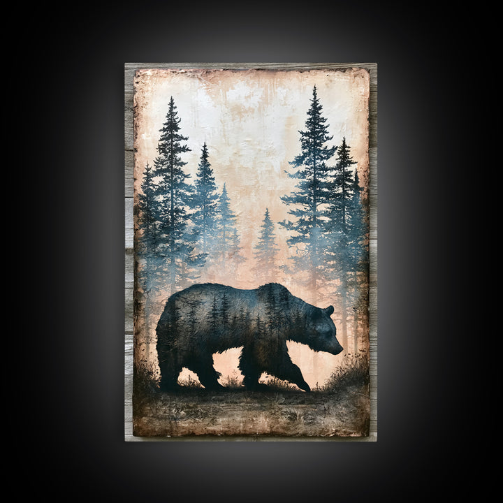Bear Silhouette Among Pine Trees Framed Canvas Print, Rustic Art, Boho Wall Art, Farmhouse Decor, Rustic, Downloadable Art, RUS-2x3-87
