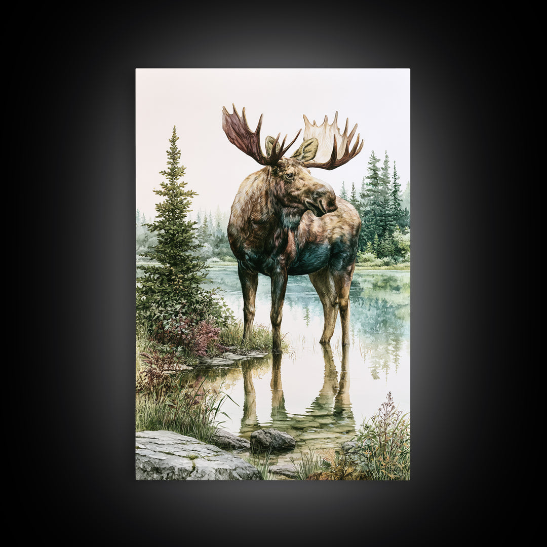 Moose Standing by a Quiet Lake Framed Canvas Print, Rustic Art, Boho Wall Art, Farmhouse Decor, Rustic, Downloadable Art, RUS-2x3-89