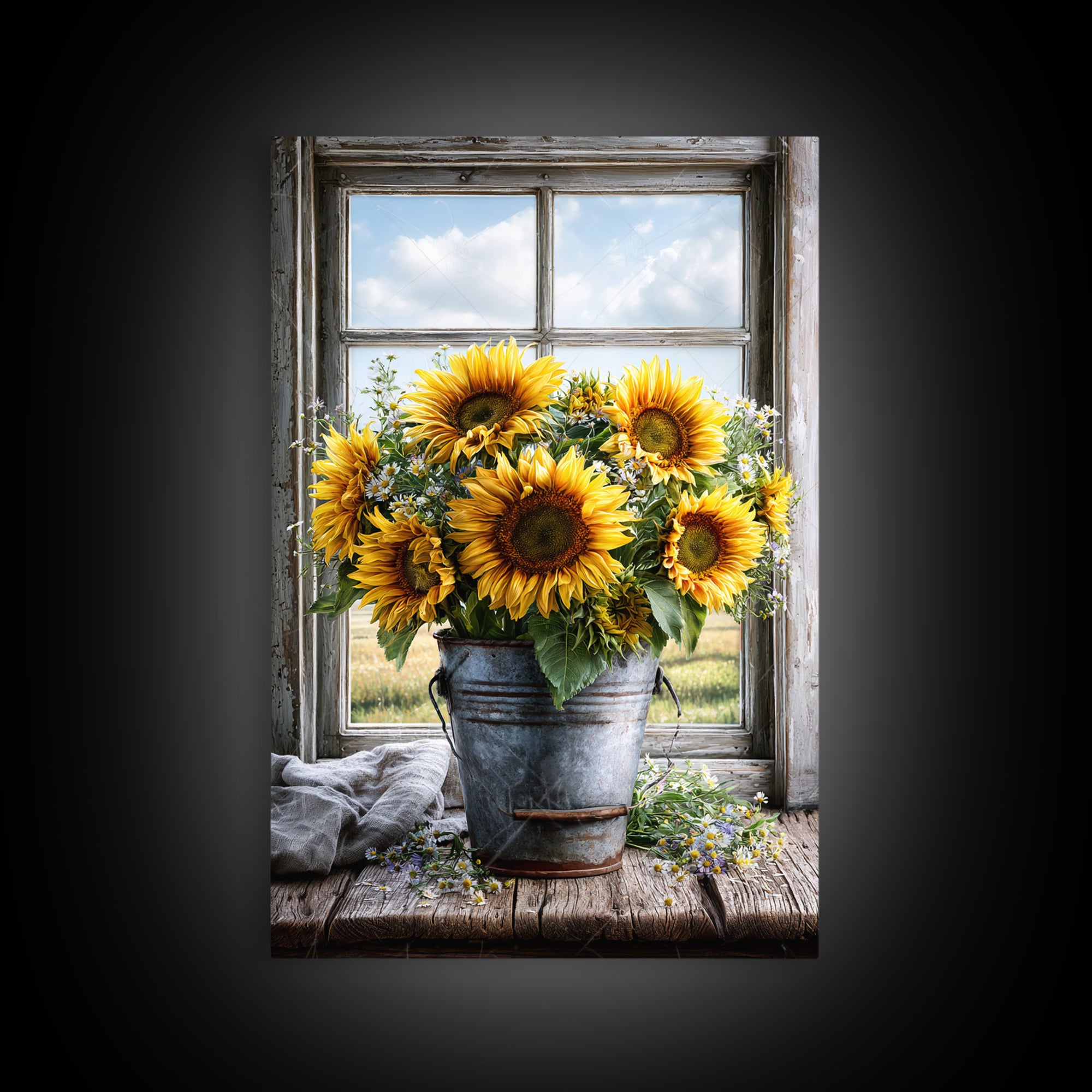 Sunflowers in a Metal Bucket Framed Canvas Print, Rustic Art, Gallery Decor, Farmhouse Decor, Fine Art, Rustic, RUS-2x3-92