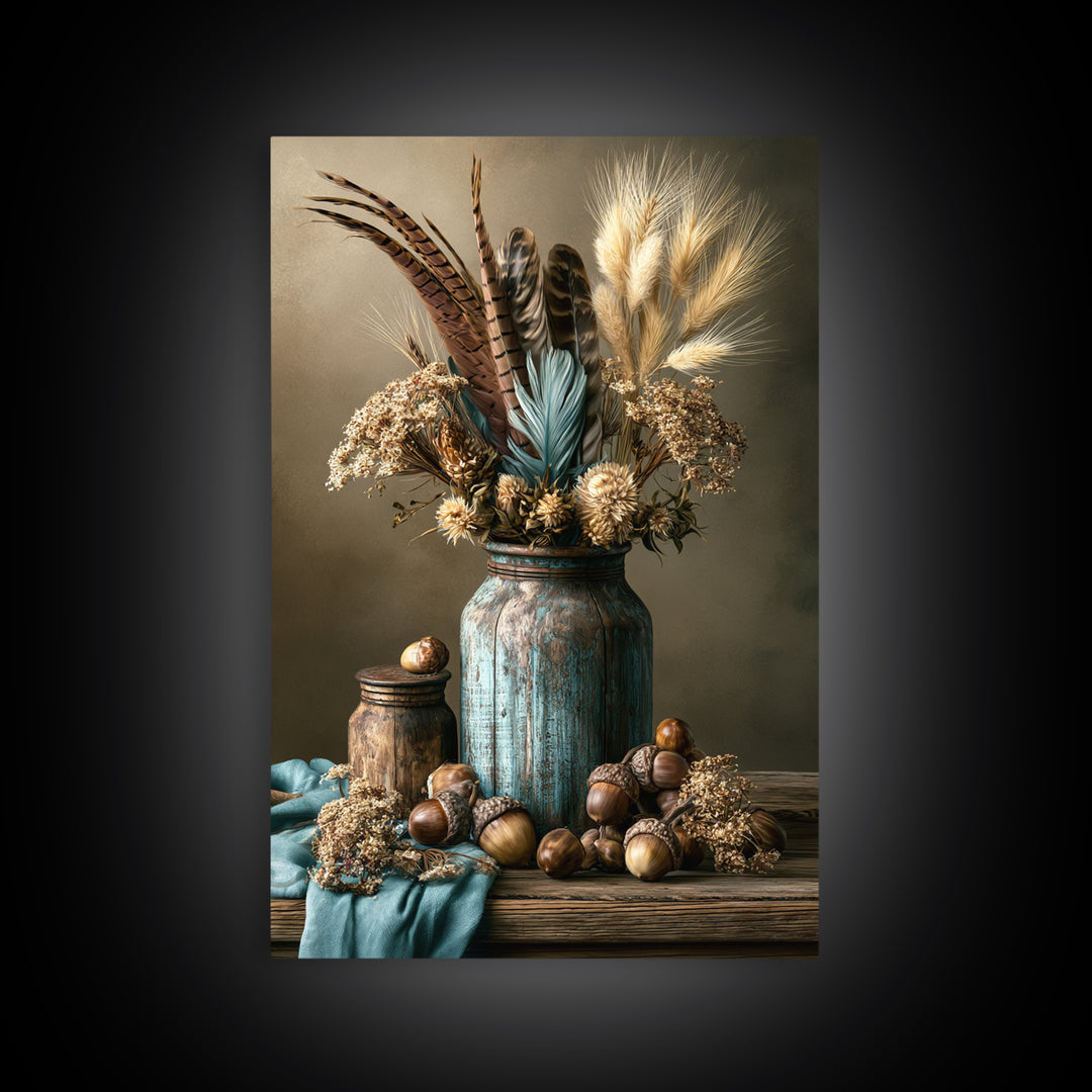 Pheasant Feathers and Acorns Arrangement Canvas Print, Rustic Art, Digital Print, Farmhouse Decor, Rustic, Landscape Painting, RUS-2x3-96