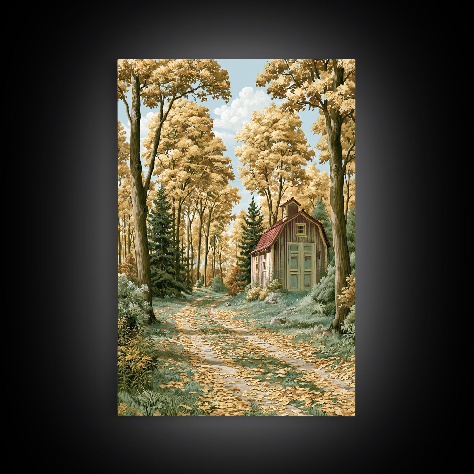 Forest Path with Golden Autumn Leaves Framed Canvas Print, Rustic Art, Painting, Farmhouse Decor, Rustic, Boho Wall Art, RUS-2x3-98