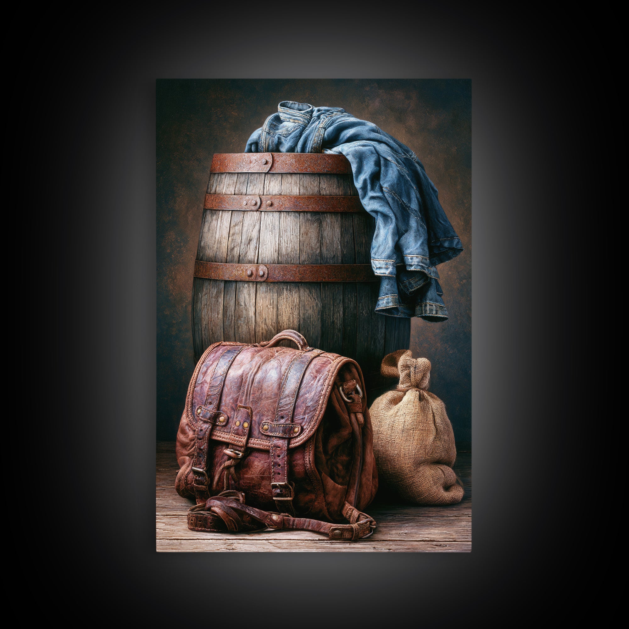 Whiskey Barrel and Leather Still Life Canvas Print, Rustic Art, Farmhouse Decor, Rustic, Gallery Wall Art, Landscape Wall Art, RUS-2x3-99