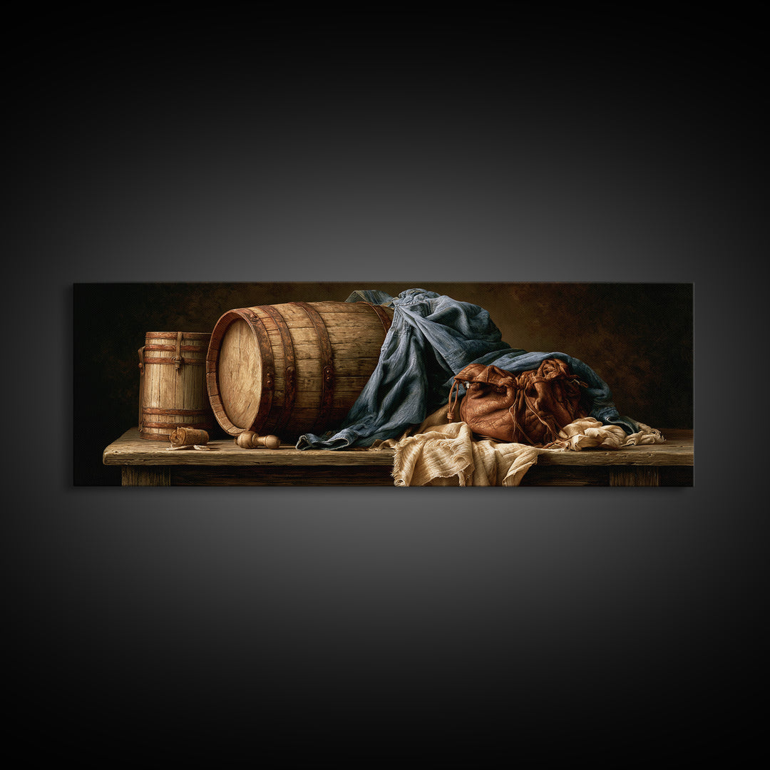 Whiskey Barrel and Leather Still Life Canvas Print, Rustic Art, Landscape Art, Farmhouse Decor, Watercolor Art, Rustic, RUS-3x1-11