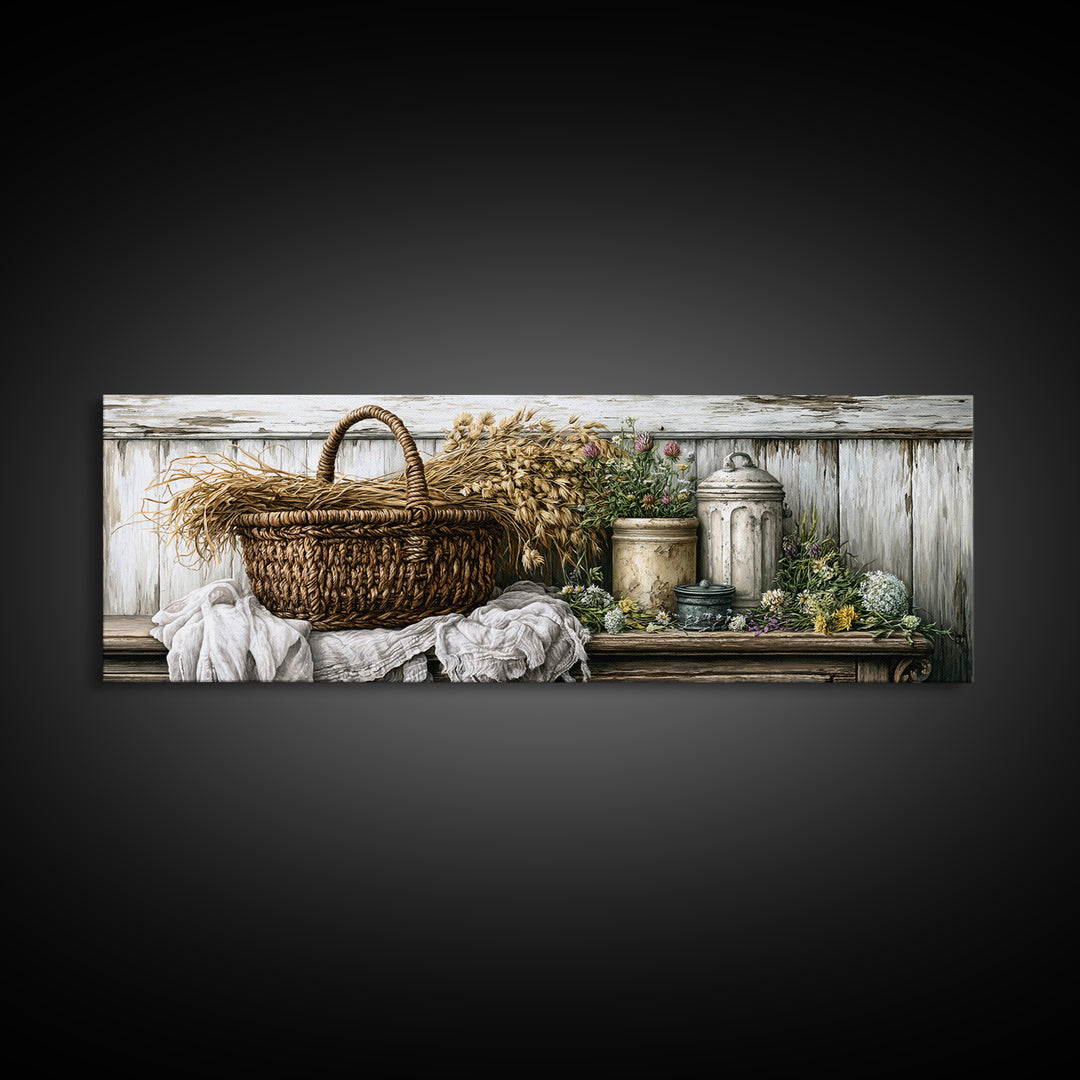 Handwoven Basket with Dried Grasses Canvas Print, Rustic Art, Wood Art, Farmhouse Decor, Fine Art, Rustic, Wall Decor, RUS-3x1-16