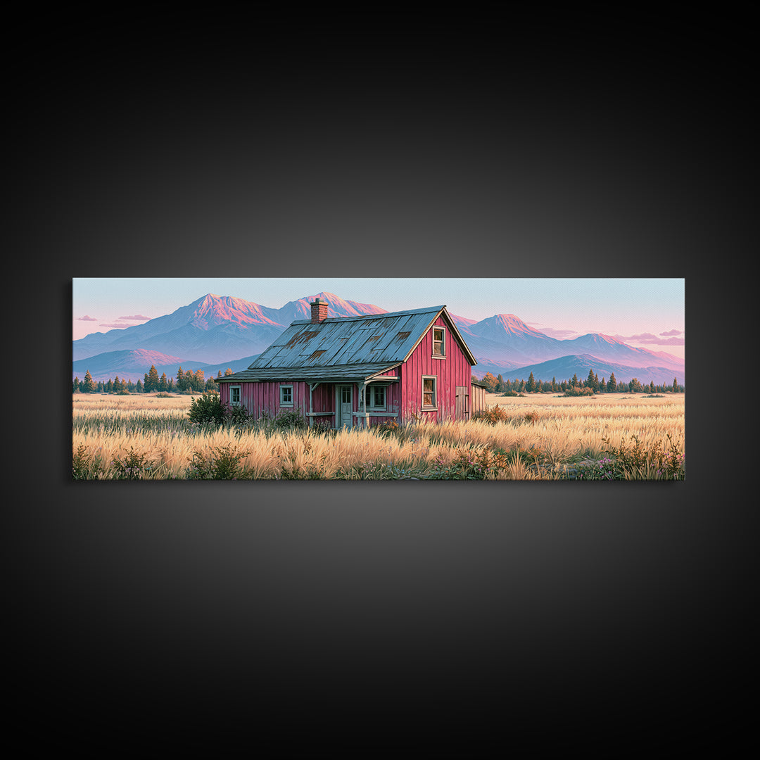 Mountain Cabin Landscape Canvas Print, Rustic Art, Fine Art Print, Farmhouse Decor, Fine Art, Rustic, Painting, Digital Prints, RUS-3x1-19