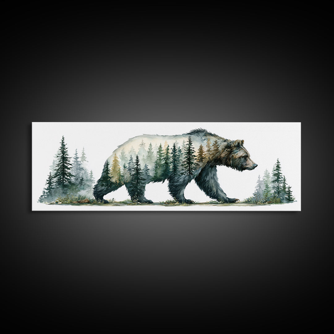 Bear Silhouette Among Pine Trees Framed Canvas Print, Rustic Art, Statement Artwork, Farmhouse Decor, Fine Art, Rustic, RUS-3x1-23