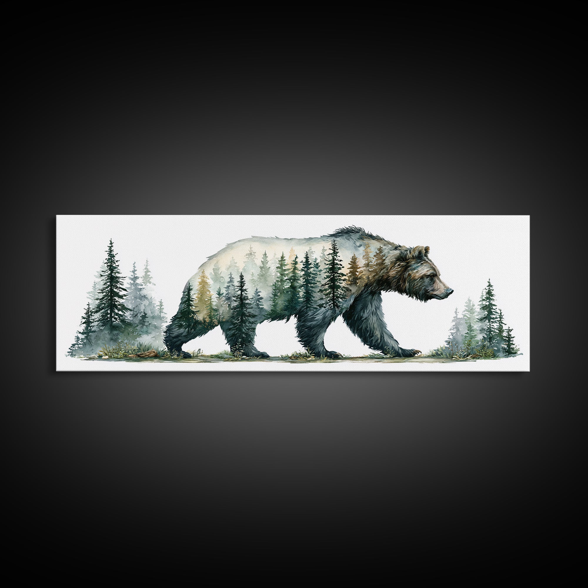 Bear Silhouette Among Pine Trees Framed Canvas Print, Rustic Art, Statement Artwork, Farmhouse Decor, Fine Art, Rustic, RUS-3x1-23