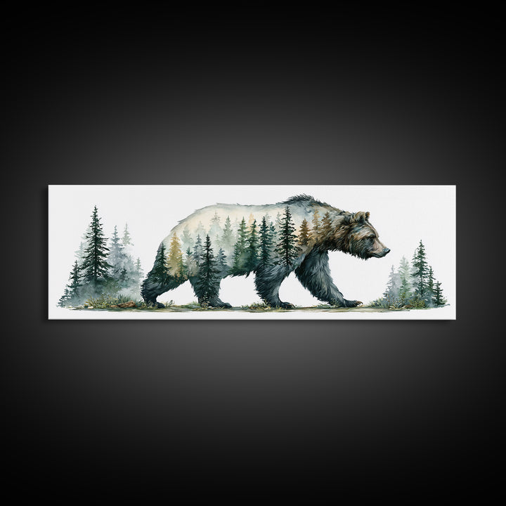 Bear Silhouette Among Pine Trees Framed Canvas Print, Rustic Art, Statement Artwork, Farmhouse Decor, Fine Art, Rustic, RUS-3x1-23