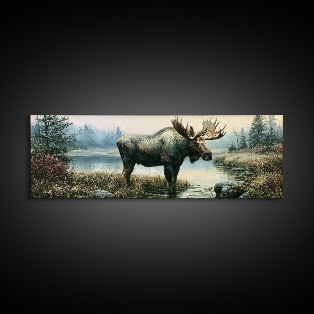 Moose Standing by a Quiet Lake Canvas Print, Rustic Art, Wood Art, Farmhouse Decor, Fine Art, Rustic, Wall Decor, Neutral Decor, RUS-3x1-25