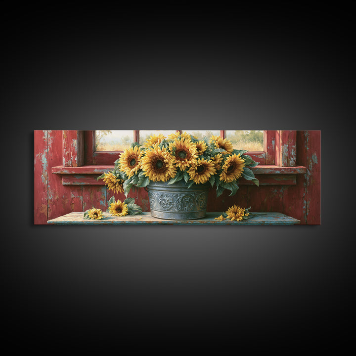 Sunflowers in a Metal Bucket Framed Canvas Print, Rustic Art, Downloadable Art, Farmhouse Decor, Watercolor Art, Rustic, RUS-3x1-28