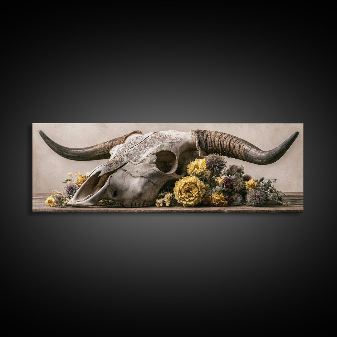 Cow Skull with Desert Flowers Canvas Print, Rustic Art, Boho Wall Art, Farmhouse Decor, Oil Painting, Rustic, Downloadable Art, RUS-3x1-33