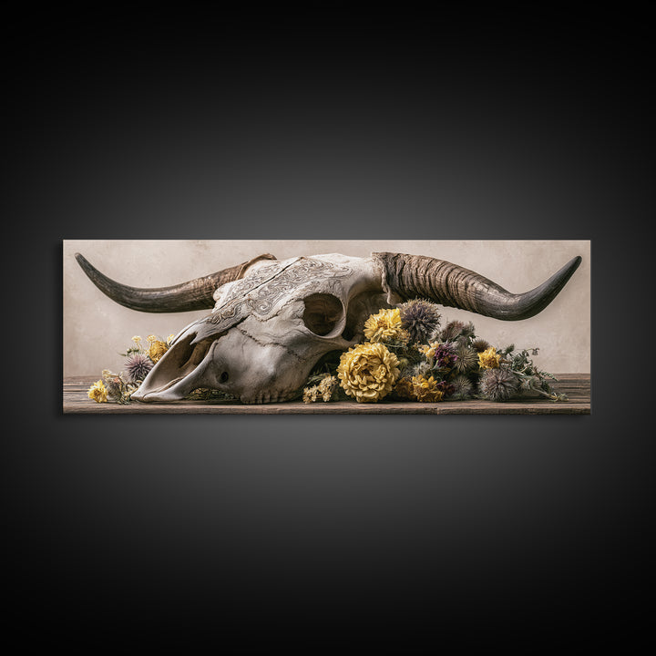 Cow Skull with Desert Flowers Canvas Print, Rustic Art, Boho Wall Art, Farmhouse Decor, Oil Painting, Rustic, Downloadable Art, RUS-3x1-33