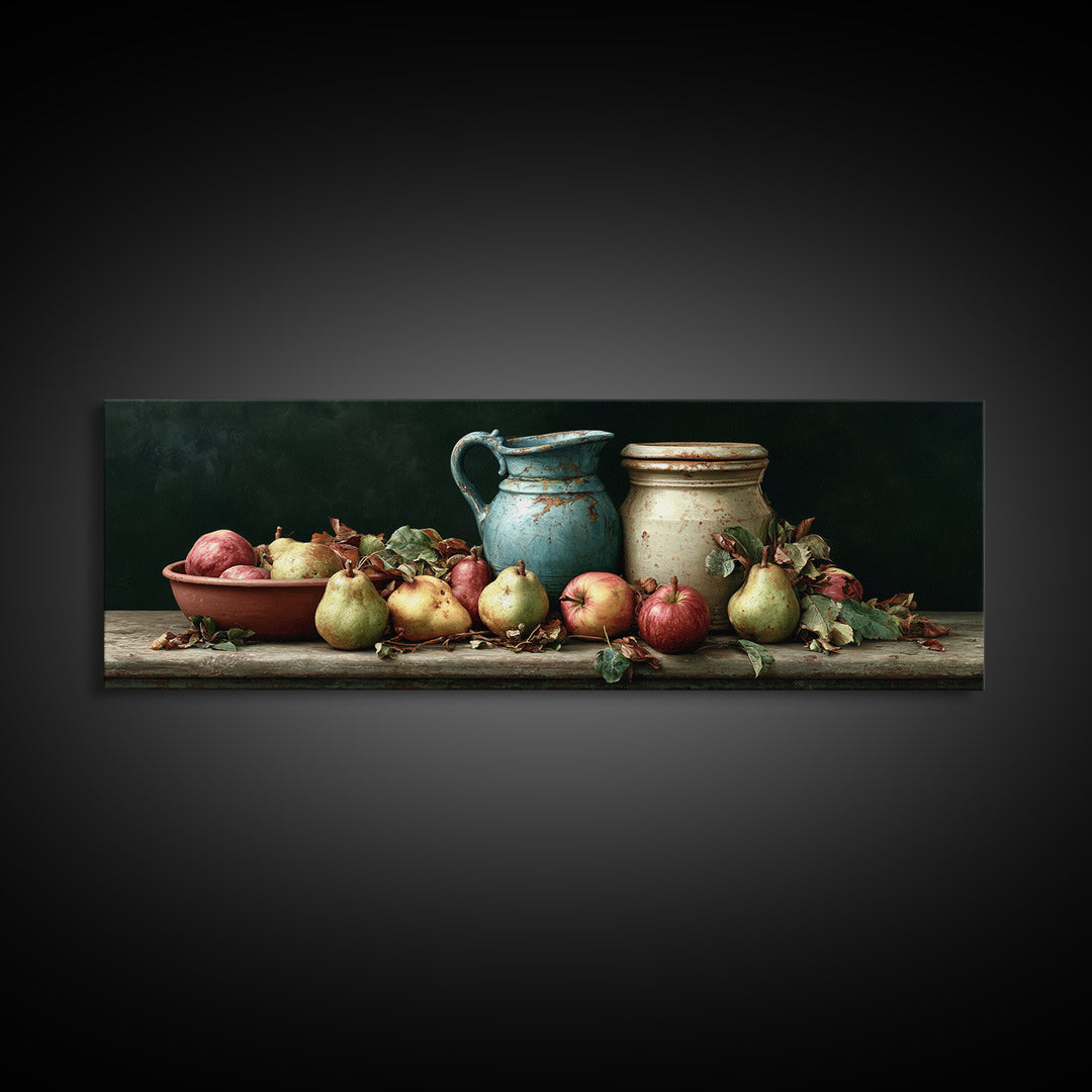 Rustic Pear and Apple Still Life Framed Canvas Print, Rustic Art, 3d Wall Art, Farmhouse Decor, Watercolor Art, Rustic, RUS-3x1-37