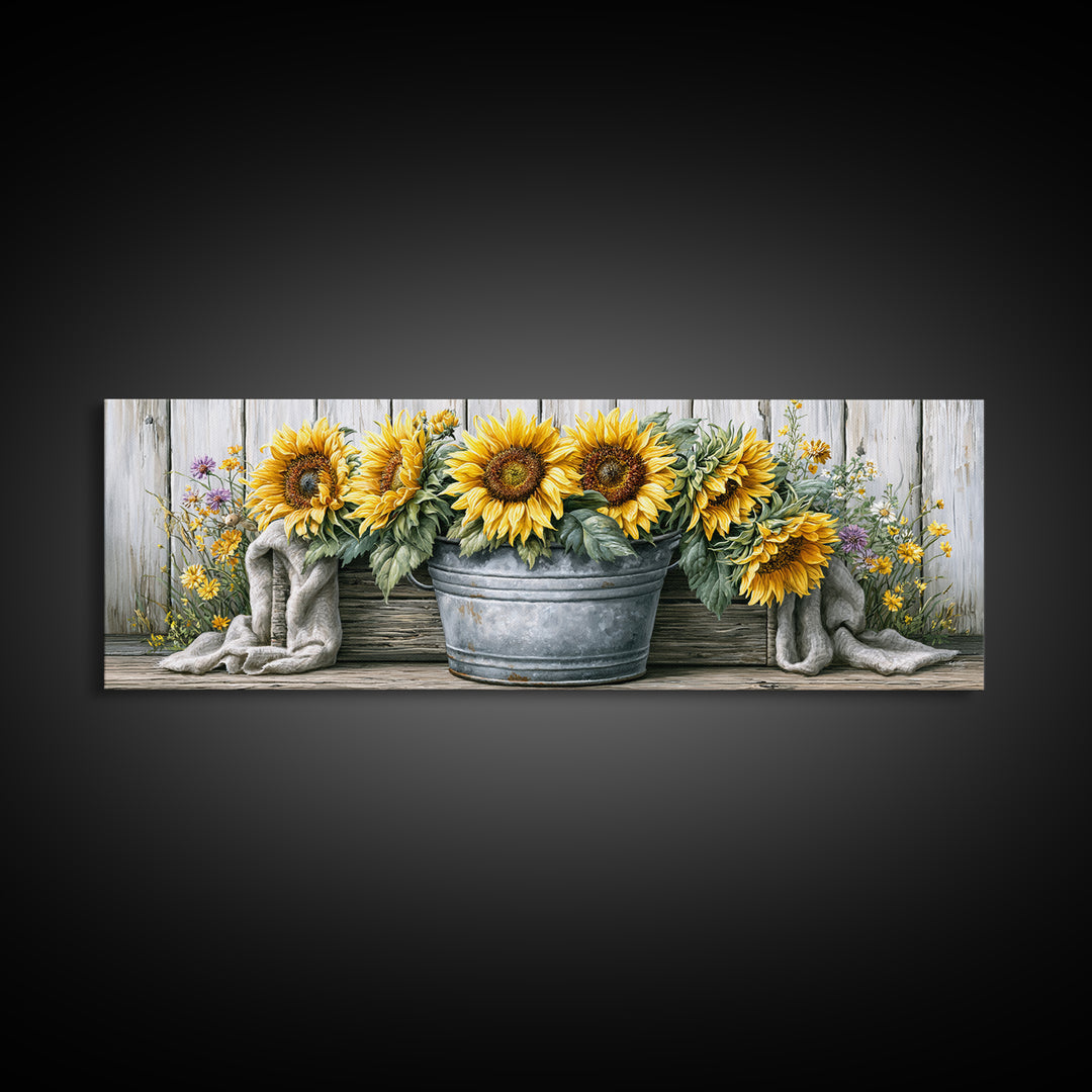Sunflowers in a Metal Bucket Canvas Print, Rustic Art, Eclectic Wall Art, Farmhouse Decor, Watercolor Art, Rustic, RUS-3x1-4