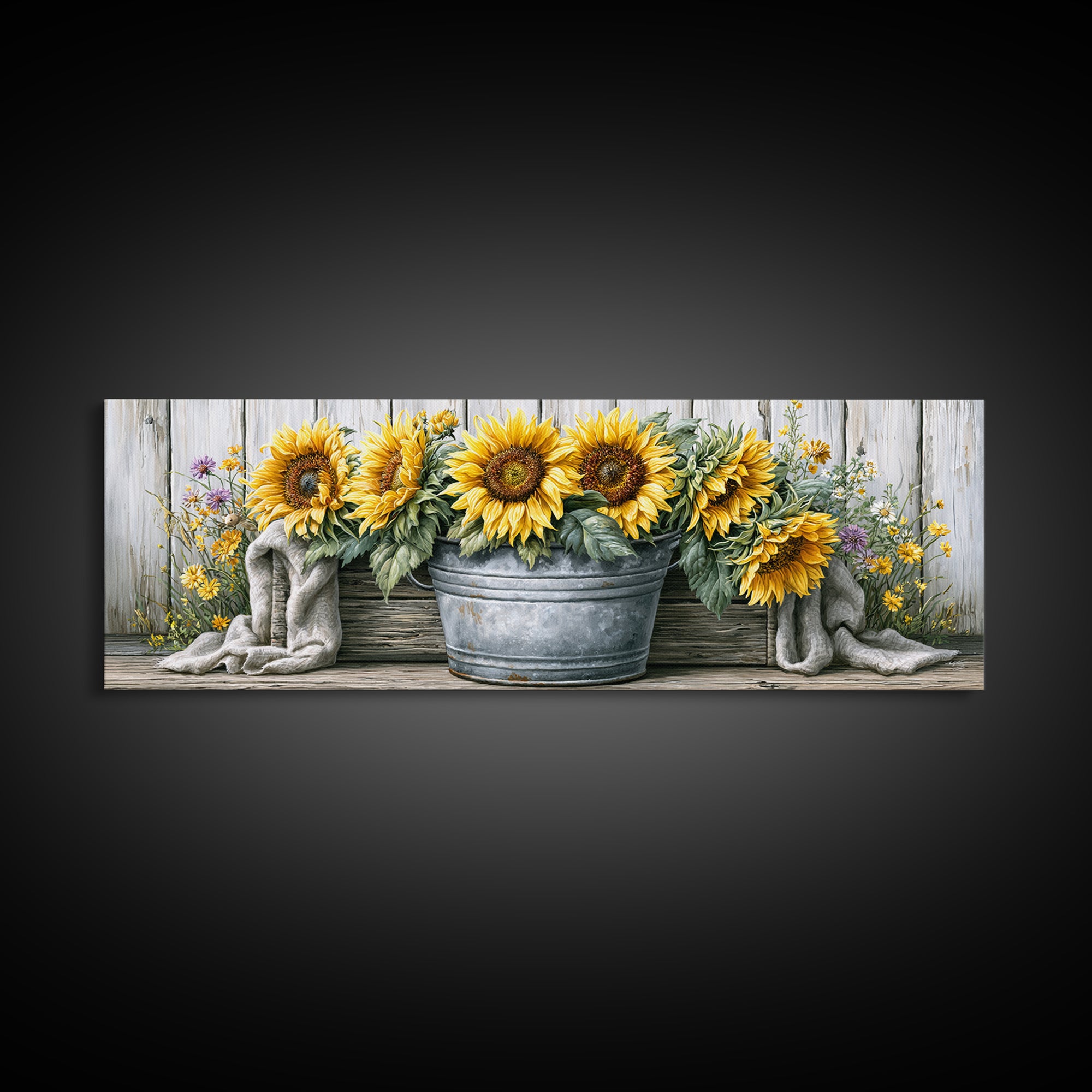 Sunflowers in a Metal Bucket Canvas Print, Rustic Art, Eclectic Wall Art, Farmhouse Decor, Watercolor Art, Rustic, RUS-3x1-4