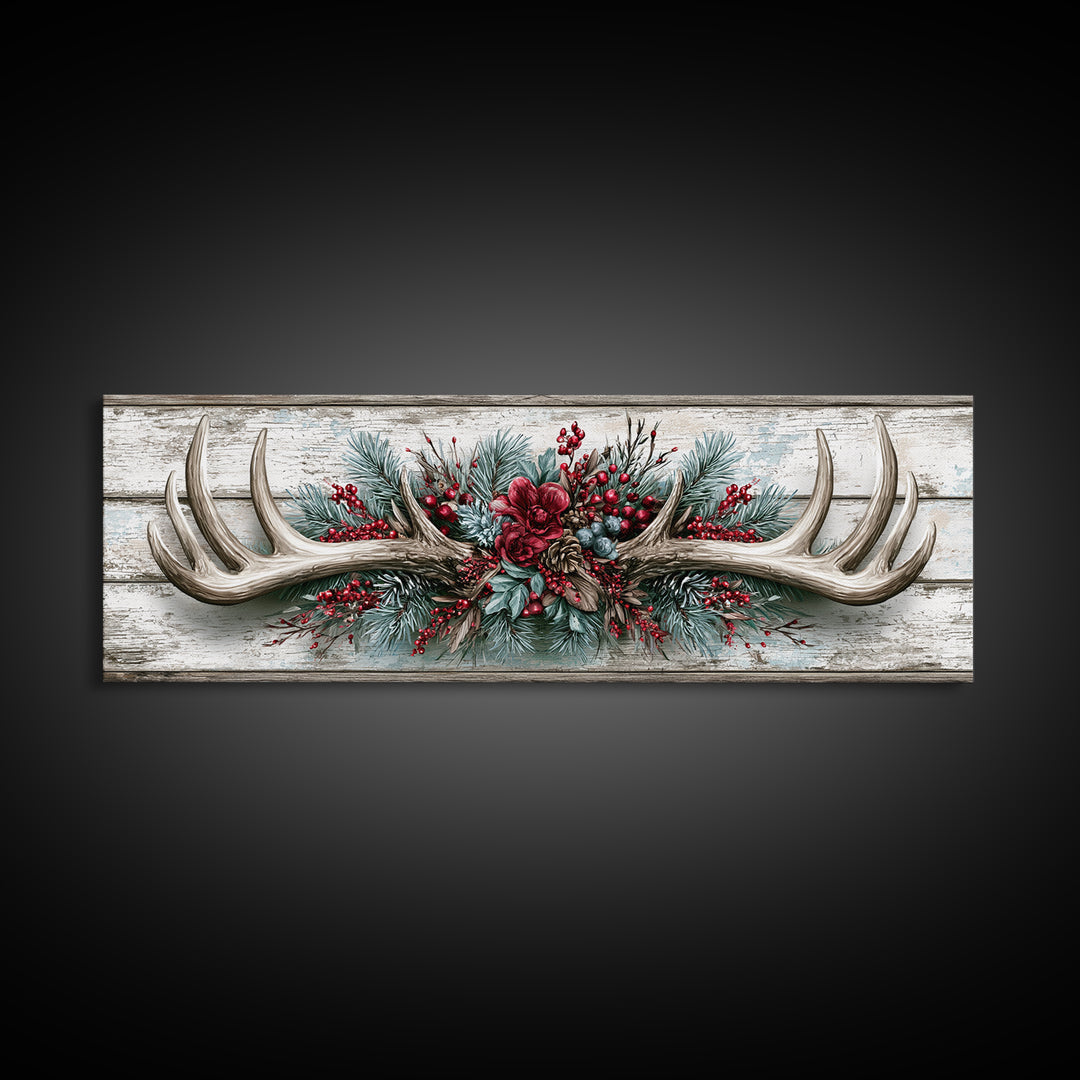 Deer Antlers with Pine Branches and Berries Canvas Print, Rustic Art, Abstract Wall Art, Farmhouse Decor, Watercolor Art, RUS-3x1-42
