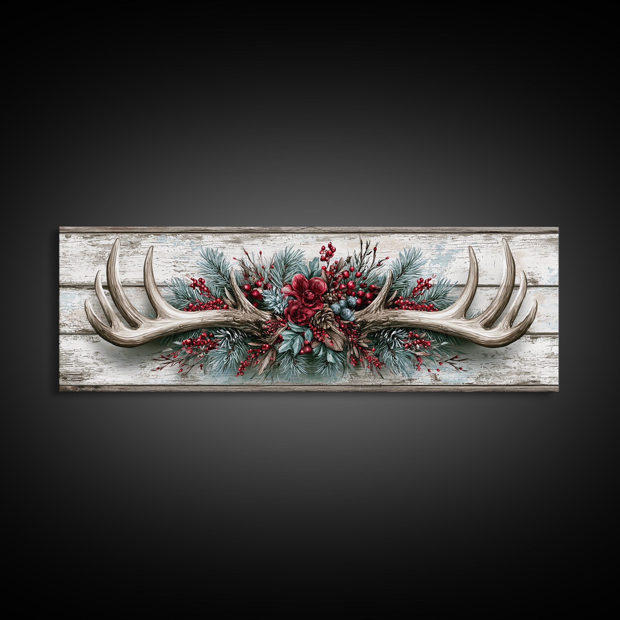 Deer Antlers with Pine Branches and Berries Canvas Print, Rustic Art, Abstract Wall Art, Farmhouse Decor, Watercolor Art, RUS-3x1-42
