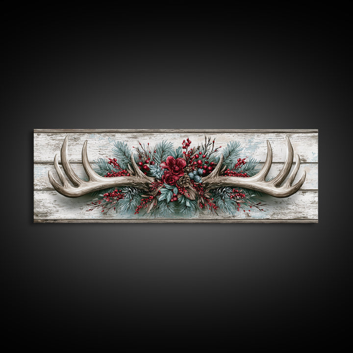 Deer Antlers with Pine Branches and Berries Canvas Print, Rustic Art, Abstract Wall Art, Farmhouse Decor, Watercolor Art, RUS-3x1-42