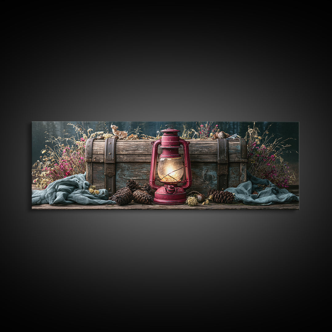 Rustic Lantern Glowing Beside Pinecones Framed Canvas Print, Rustic Art, Wall Decor, Farmhouse Decor, Fine Art, Rustic, RUS-3x1-44