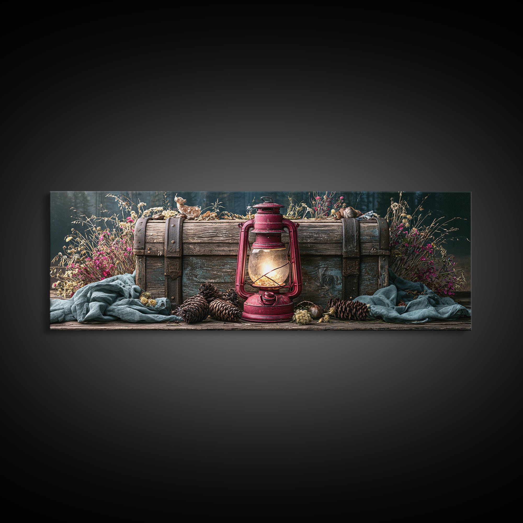 Rustic Lantern Glowing Beside Pinecones Framed Canvas Print, Rustic Art, Wall Decor, Farmhouse Decor, Fine Art, Rustic, RUS-3x1-44