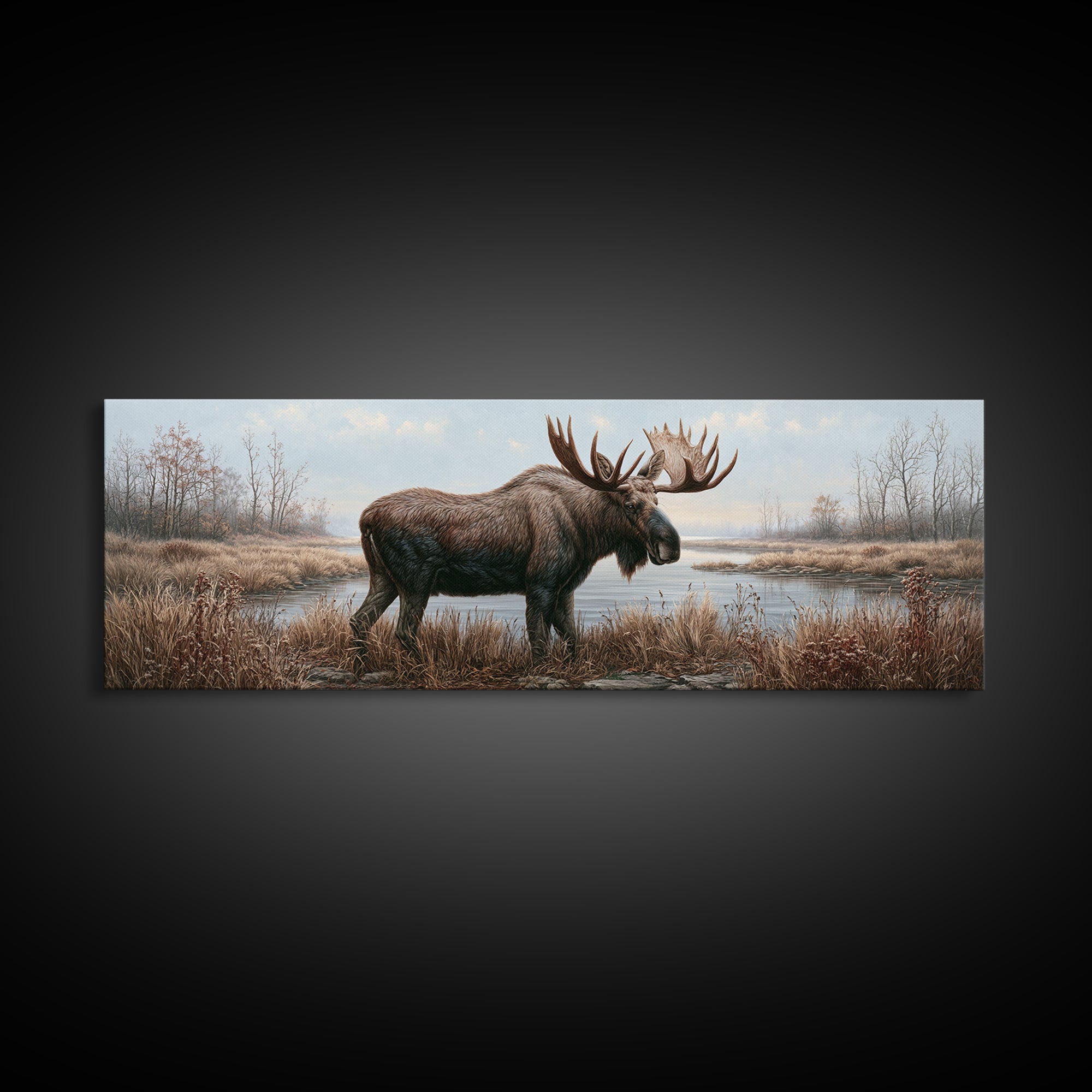 Moose Standing by a Quiet Lake Canvas Print, Rustic Art, Wood Art, Farmhouse Decor, Fine Art, Rustic, Wall Decor, Neutral Decor, RUS-3x1-49