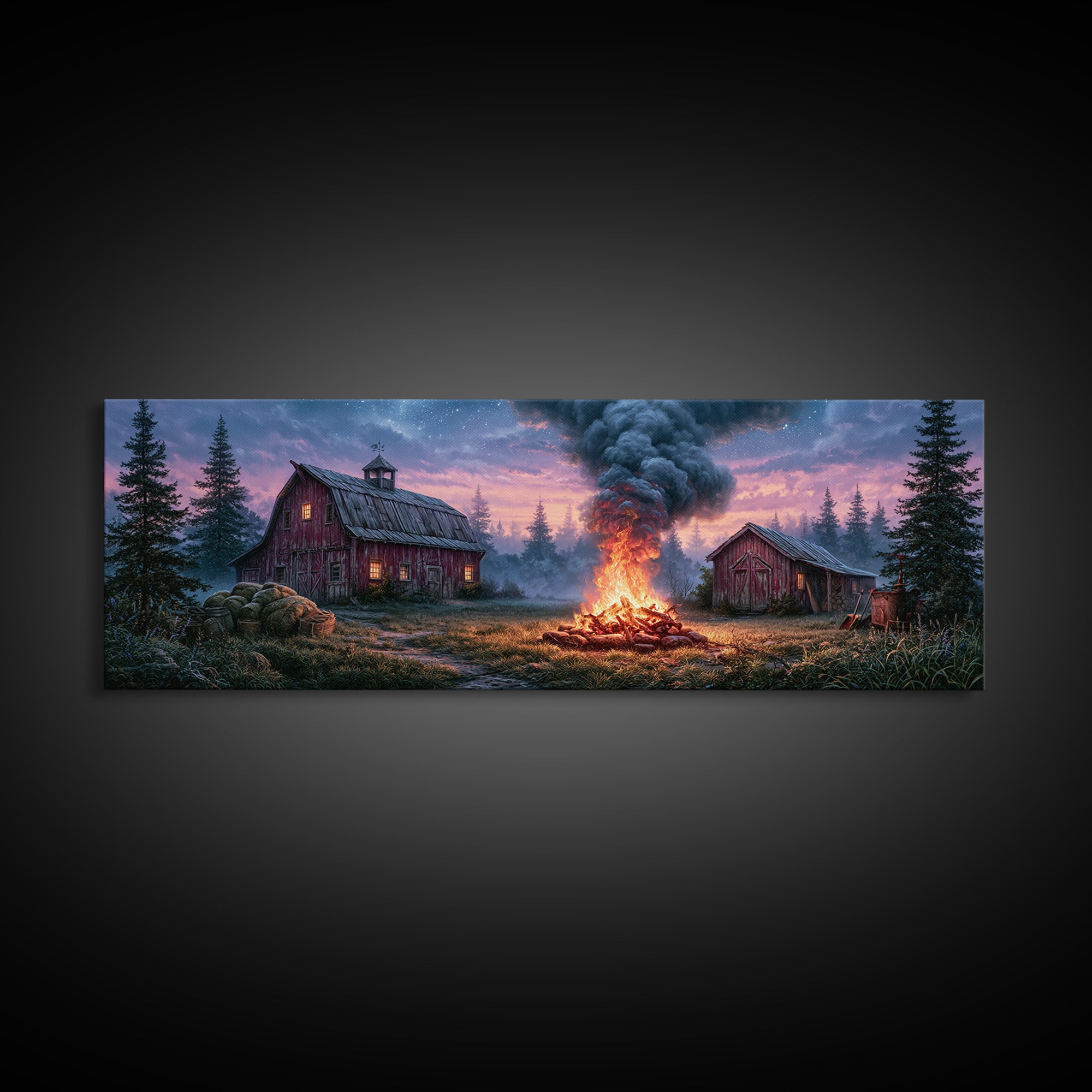 Campfire under a Starry Sky Canvas Print, Rustic Art, Printable Art, Farmhouse Decor, Watercolor Art, Rustic, RUS-3x1-50