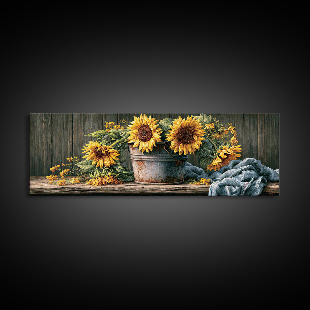 Sunflowers in a Metal Bucket Framed Canvas Print, Rustic Art, Room Decor, Farmhouse Decor, Fine Art, Rustic, Oil Painting, RUS-3x1-52