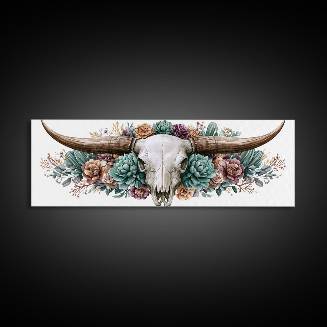 Cow Skull with Desert Flowers Framed Canvas Print, Rustic Art, Landscape Painting, Farmhouse Decor, Watercolor Art, Rustic, RUS-3x1-57