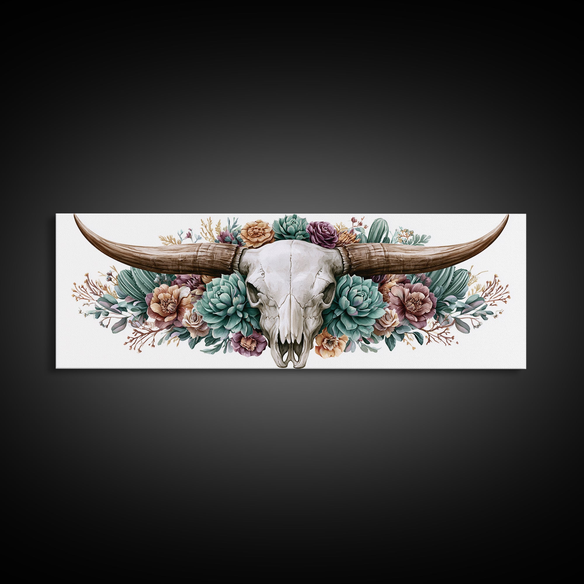 Cow Skull with Desert Flowers Framed Canvas Print, Rustic Art, Landscape Painting, Farmhouse Decor, Watercolor Art, Rustic, RUS-3x1-57