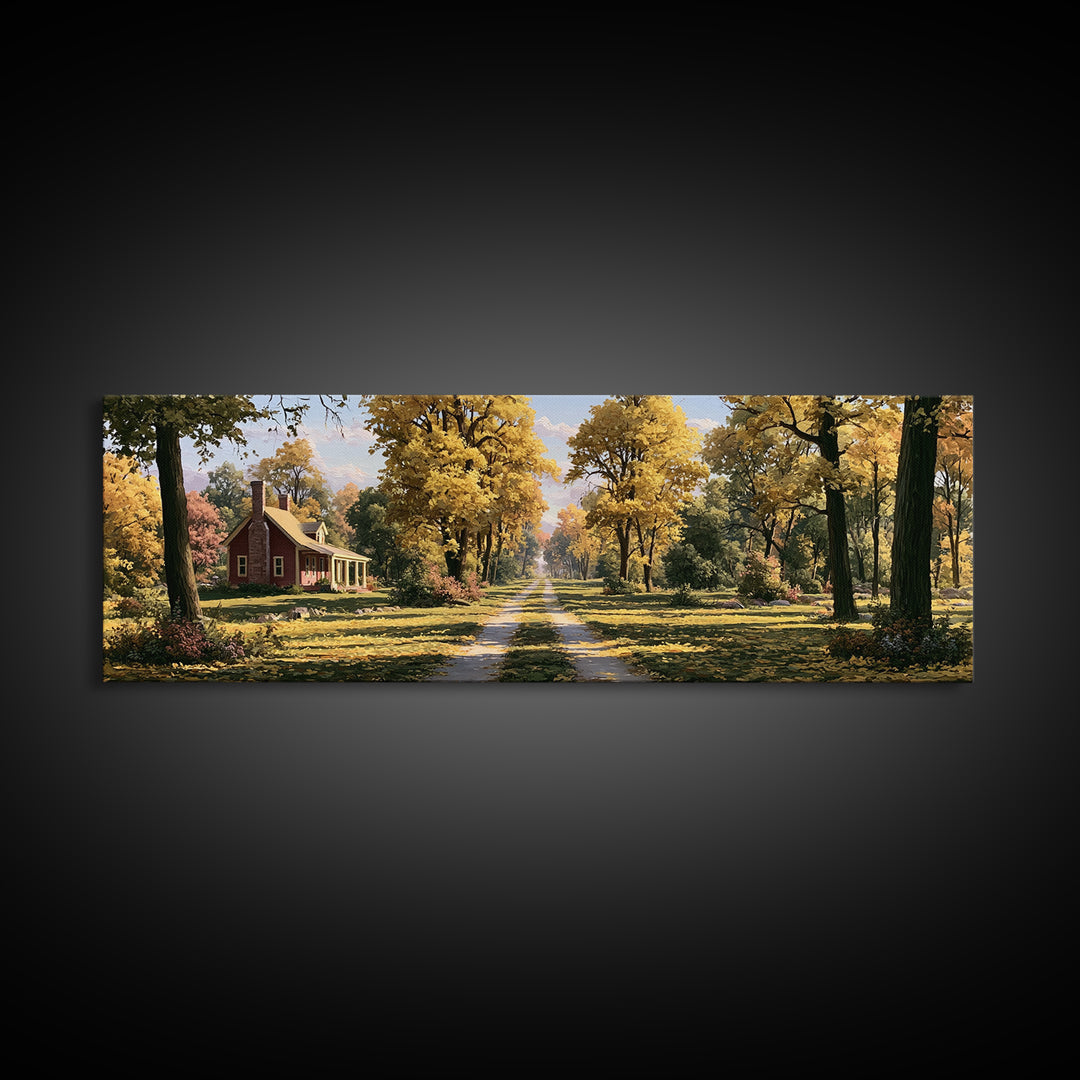 Forest Path with Golden Autumn Leaves Framed Canvas Print, Rustic Art, Farmhouse Decor, Oil Painting, Rustic, Gallery Wall Art, RUS-3x1-58