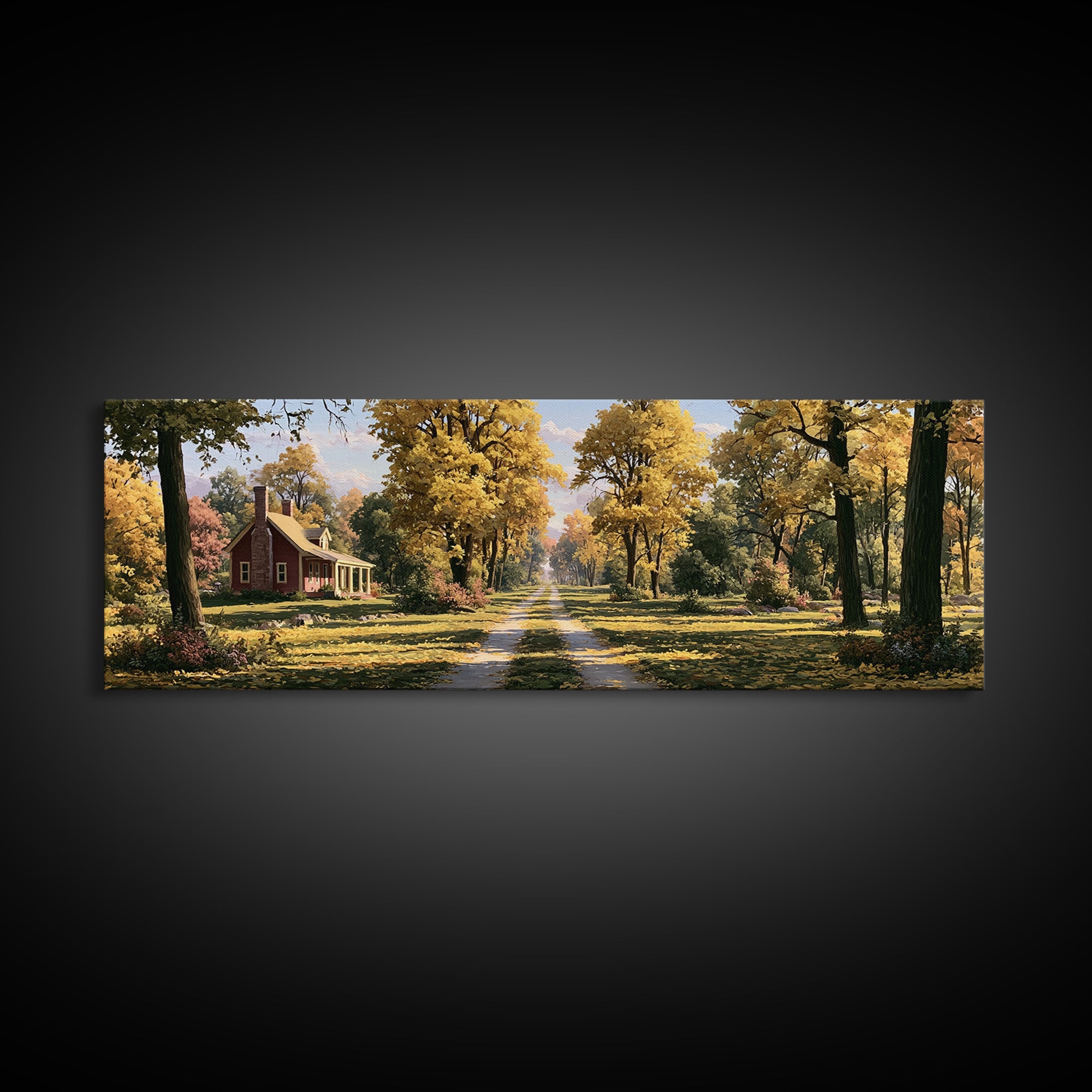 Forest Path with Golden Autumn Leaves Framed Canvas Print, Rustic Art, Farmhouse Decor, Oil Painting, Rustic, Gallery Wall Art, RUS-3x1-58