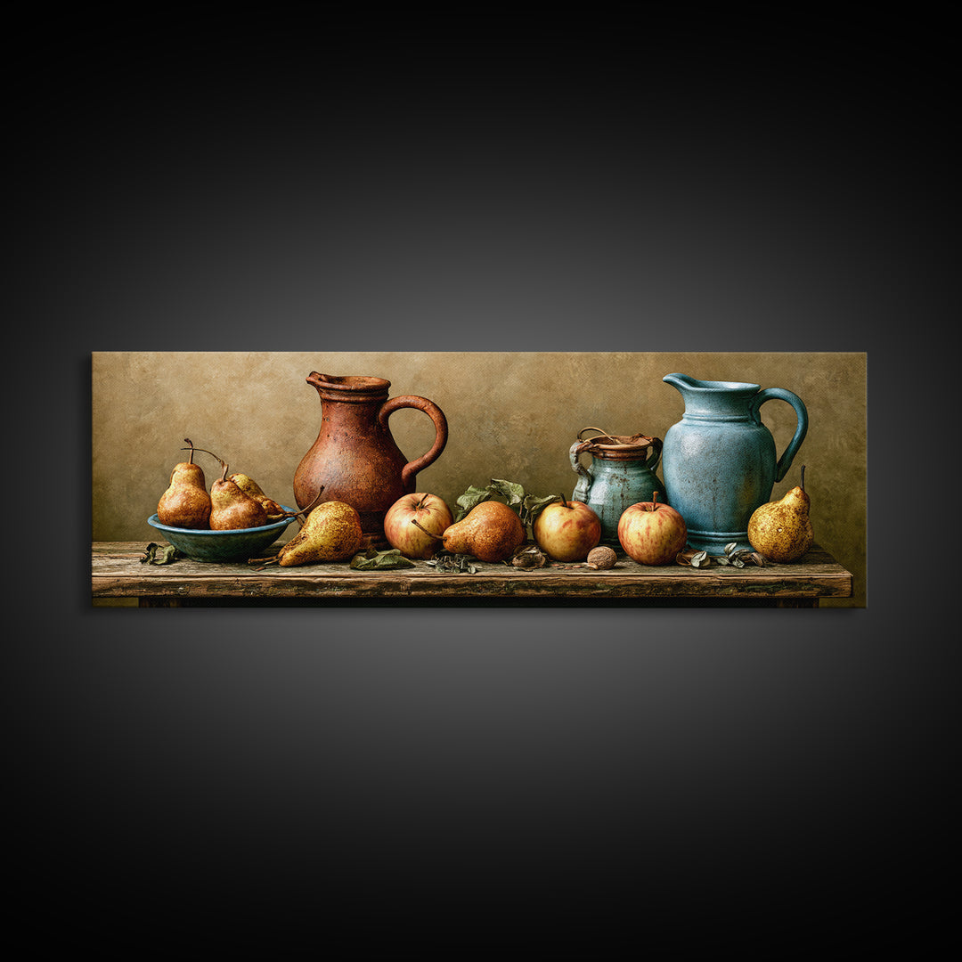 Rustic Pear and Apple Still Life Canvas Print, Rustic Art, Eclectic Wall Art, Farmhouse Decor, Oil Painting, Rustic, RUS-3x1-61