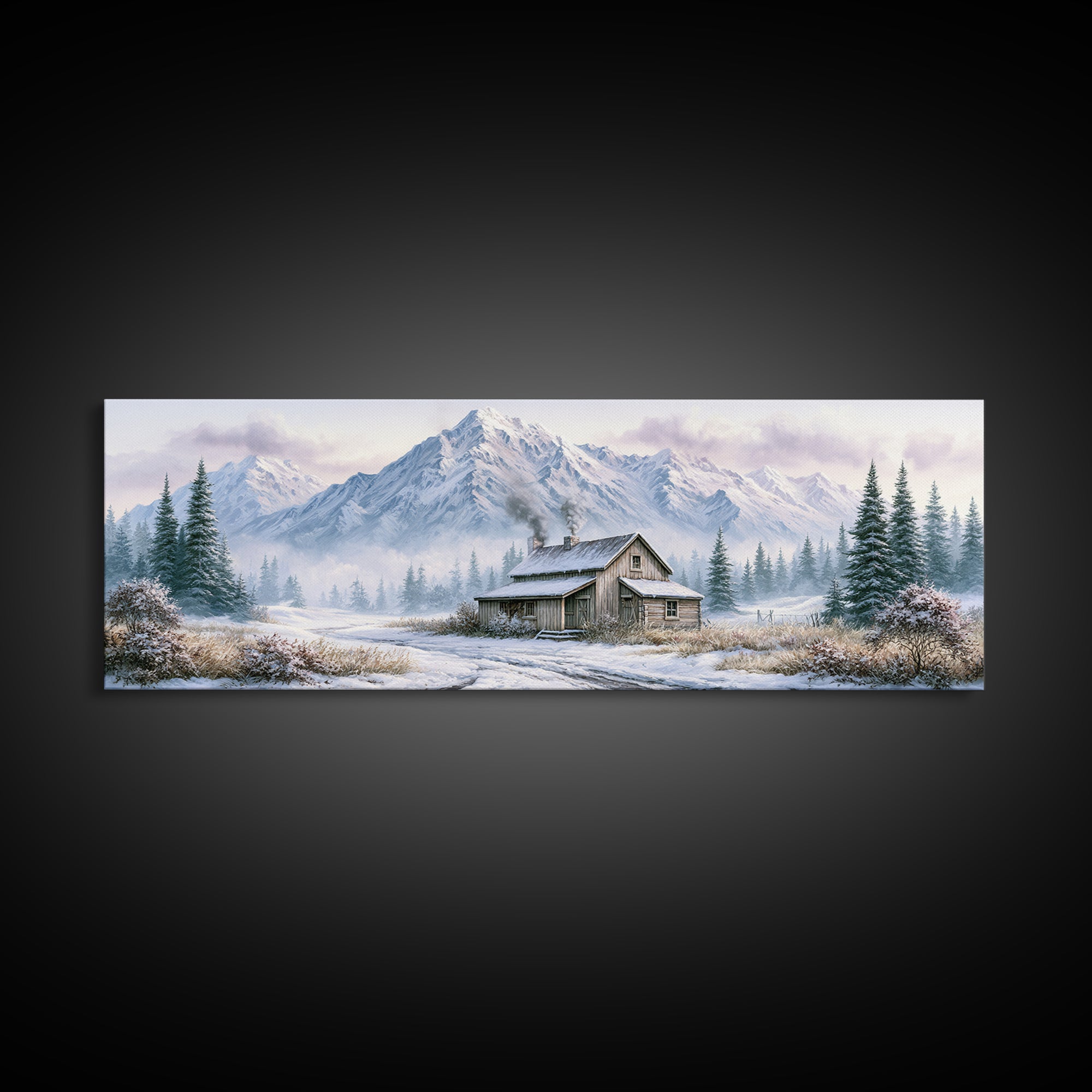 Winter Mountain Scene Framed Canvas Print, Rustic Art, Room Decor, Farmhouse Decor, Fine Art, Rustic, Oil Painting, RUS-3x1-63