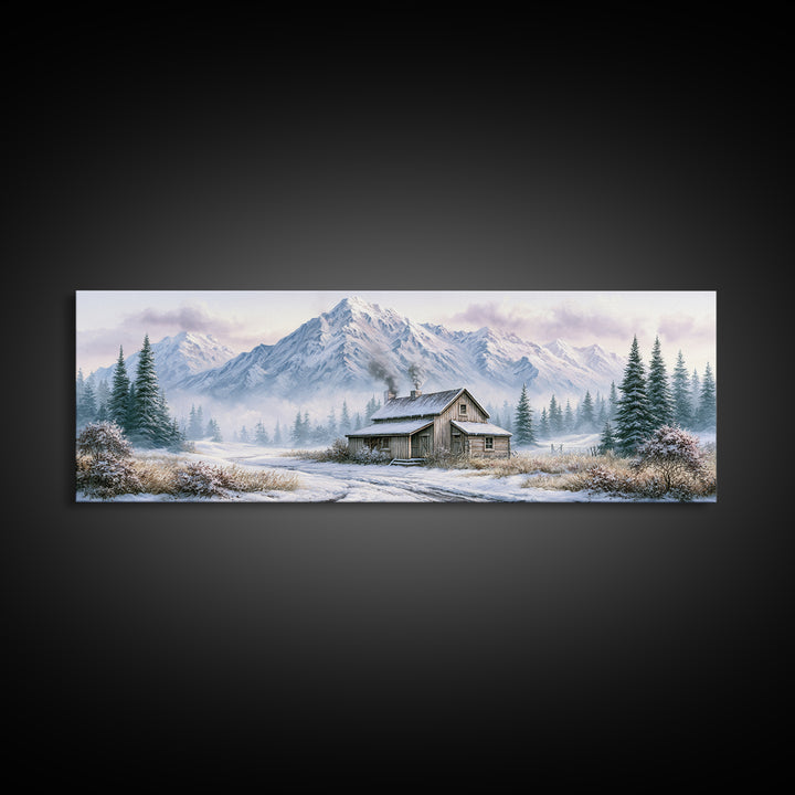 Winter Mountain Scene Framed Canvas Print, Rustic Art, Room Decor, Farmhouse Decor, Fine Art, Rustic, Oil Painting, RUS-3x1-63