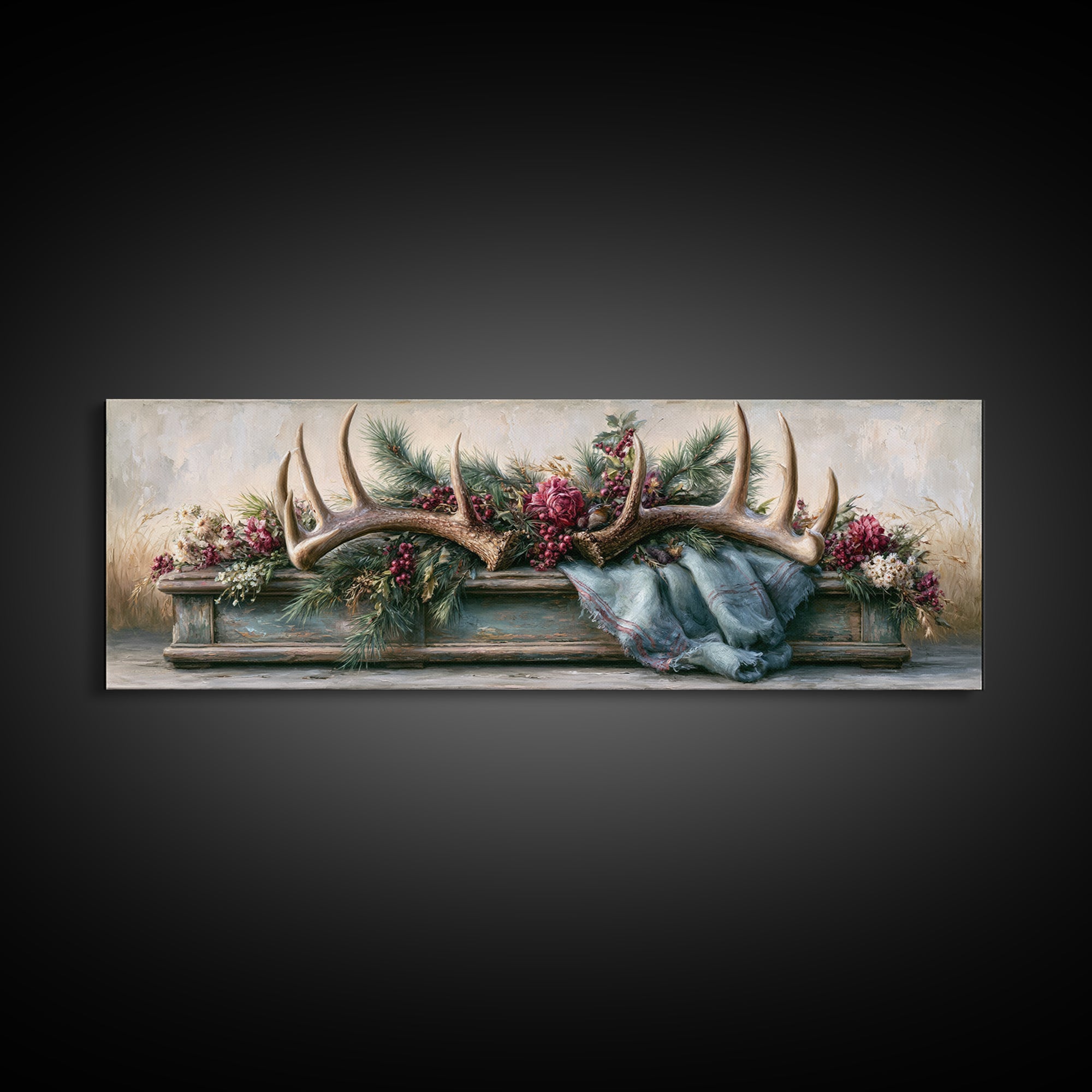 Deer Antlers with Pine Branches and Berries Canvas Print, Rustic Art, Abstract Wall Art, Farmhouse Decor, Watercolor Art, RUS-3x1-66