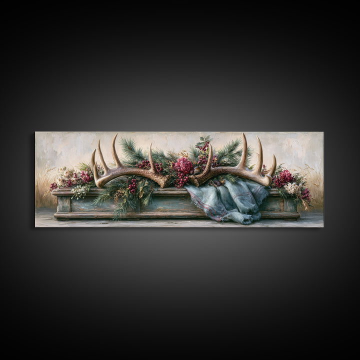 Deer Antlers with Pine Branches and Berries Canvas Print, Rustic Art, Abstract Wall Art, Farmhouse Decor, Watercolor Art, RUS-3x1-66