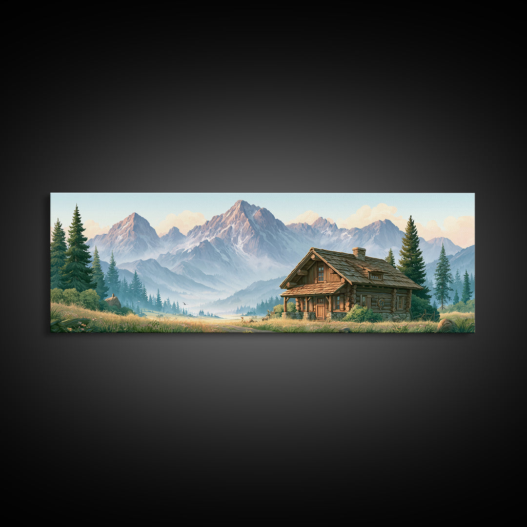 Mountain Cabin Landscape Framed Canvas Print, Rustic Art, Oil Painting, Farmhouse Decor, Fine Art, Rustic, Modern Art, RUS-3x1-67