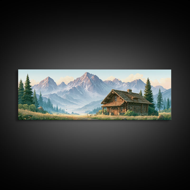Mountain Cabin Landscape Framed Canvas Print, Rustic Art, Oil Painting, Farmhouse Decor, Fine Art, Rustic, Modern Art, RUS-3x1-67
