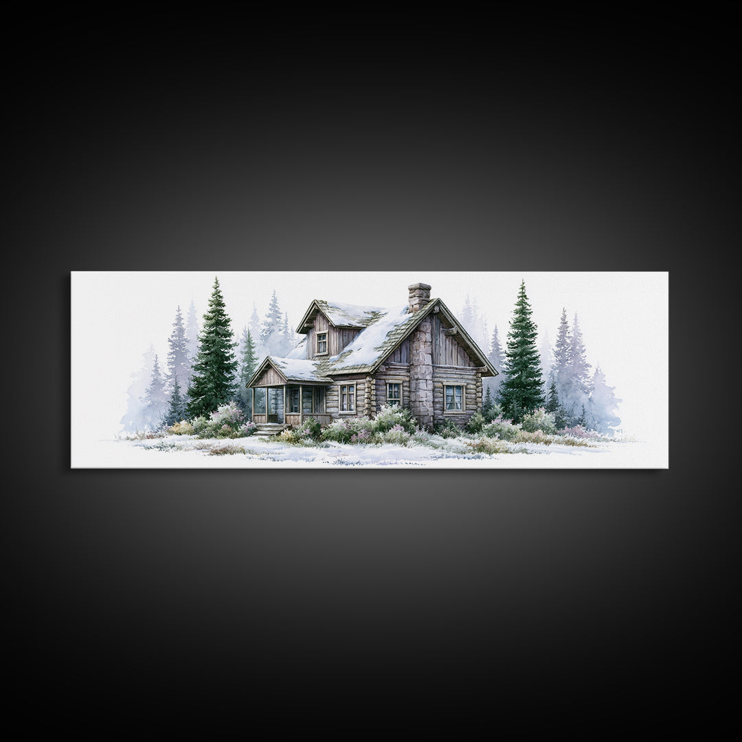 Log Cabin with Snowy Pines Framed Canvas Print, Rustic Art, Wall Decor, Farmhouse Decor, Fine Art, Rustic, Wall Art, Home Decor, RUS-3x1-7