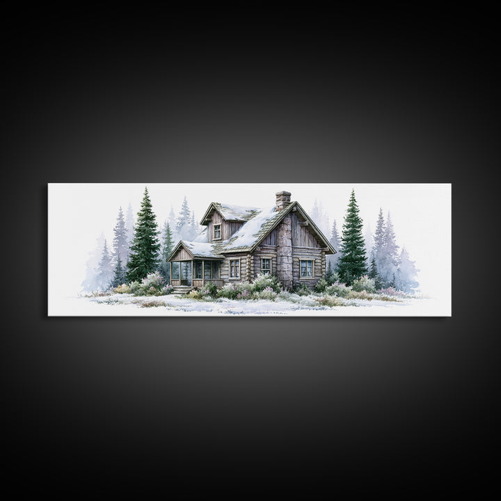 Log Cabin with Snowy Pines Framed Canvas Print, Rustic Art, Wall Decor, Farmhouse Decor, Fine Art, Rustic, Wall Art, Home Decor, RUS-3x1-7