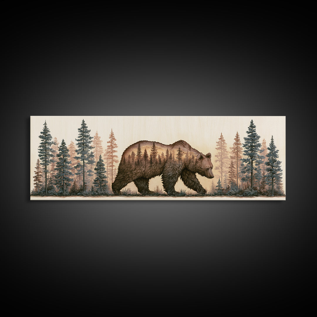Bear Silhouette Among Pine Trees Canvas Print, Rustic Art, Digital Print, Farmhouse Decor, Fine Art, Rustic, Landscape Painting, RUS-3x1-71