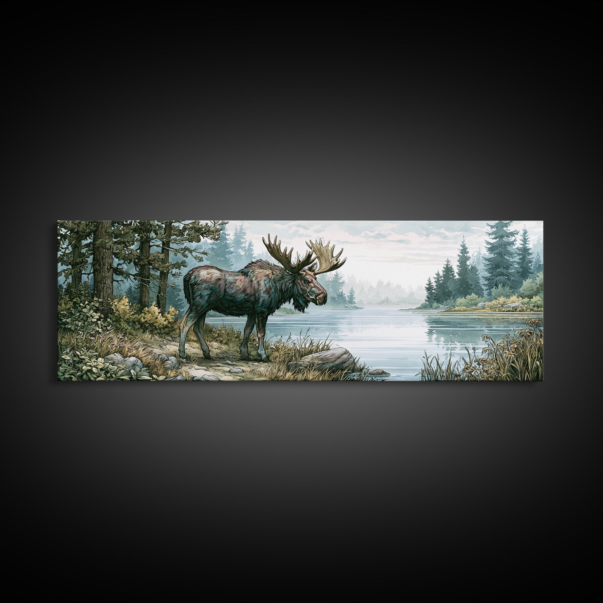 Moose Standing by a Quiet Lake Framed Canvas Print, Rustic Art, Gallery Wall Art, Farmhouse Decor, Oil Painting, Rustic, RUS-3x1-73