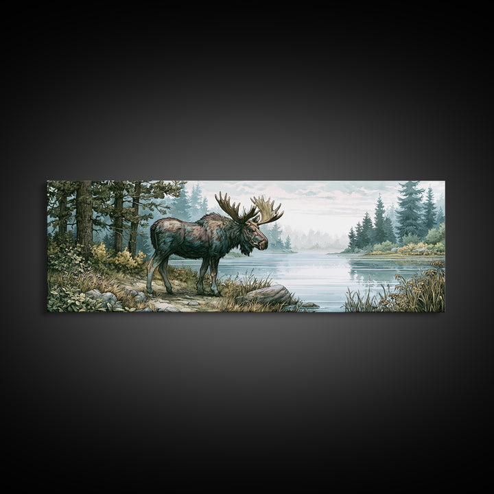 Moose Standing by a Quiet Lake Framed Canvas Print, Rustic Art, Gallery Wall Art, Farmhouse Decor, Oil Painting, Rustic, RUS-3x1-73