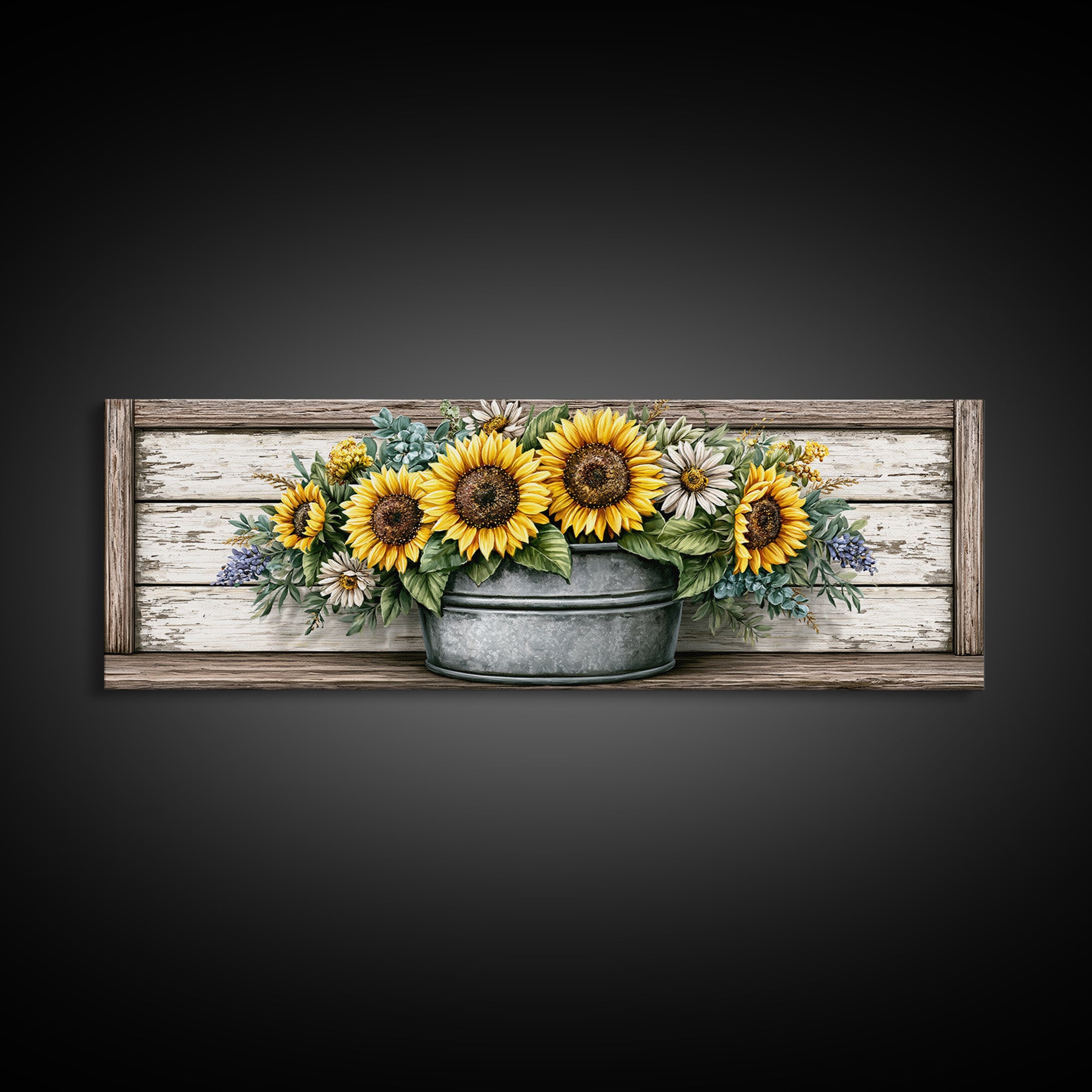 Sunflowers in a Metal Bucket Canvas Print, Rustic Art, Home Decor, Farmhouse Decor, Oil Painting, Rustic, Living Room Decor, RUS-3x1-76