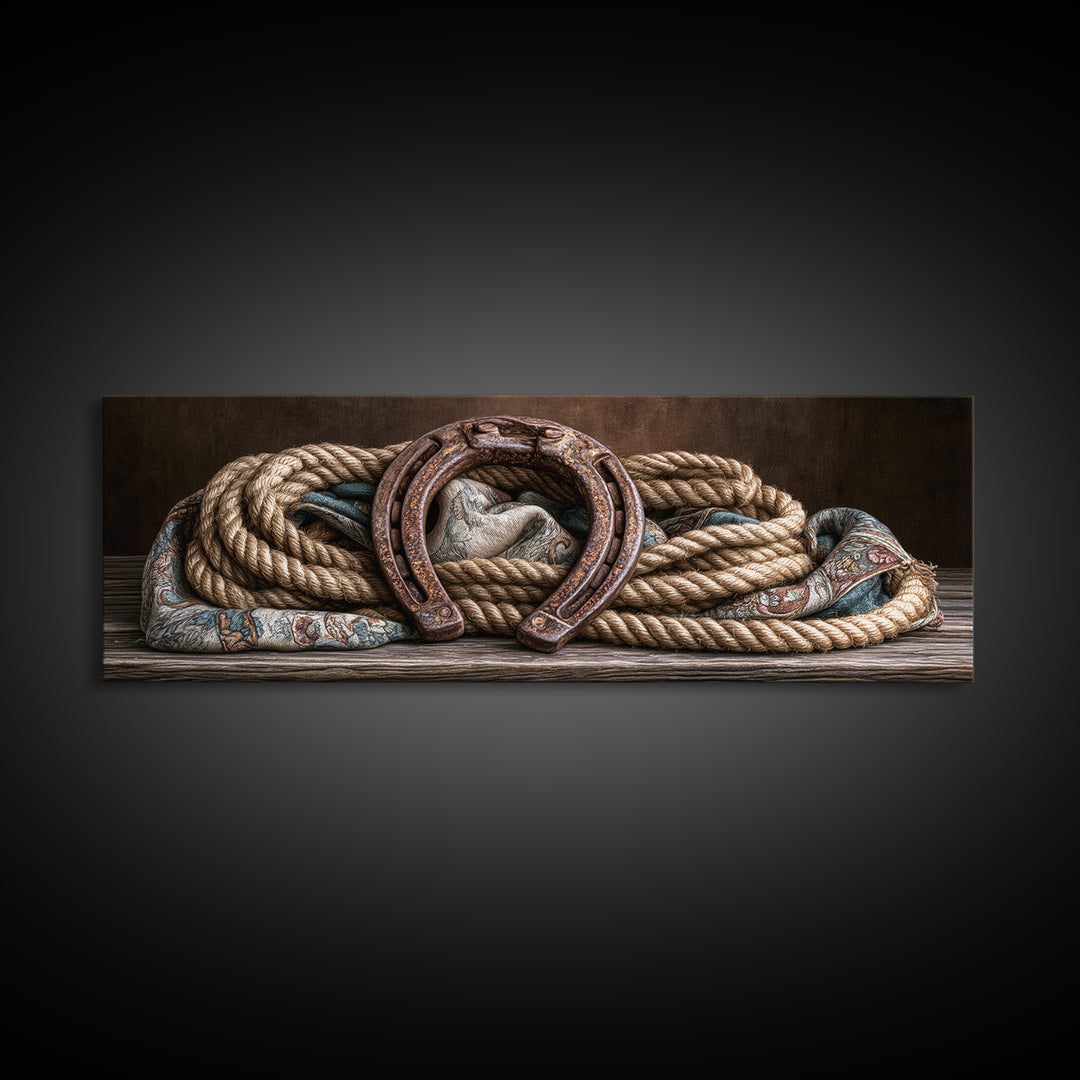 Rusty Horseshoe and Rope Composition Framed Canvas Print, Rustic Art, Modern Art, Farmhouse Decor, Rustic, Neutral Decor, RUS-3x1-77