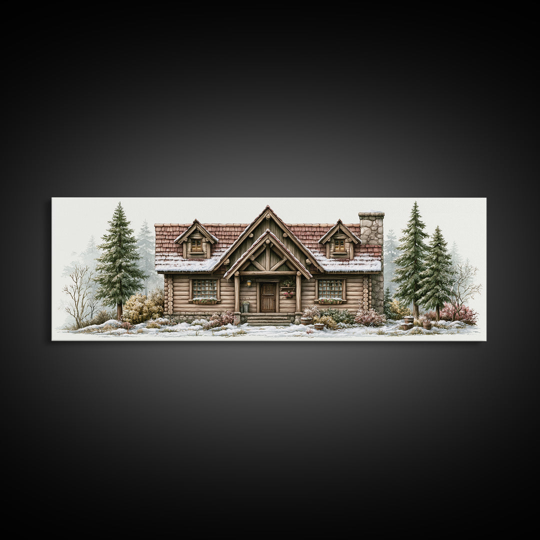 Log Cabin with Snowy Pines Framed Canvas Print, Rustic Art, Printable Art, Farmhouse Decor, Oil Painting, Rustic, RUS-3x1-79